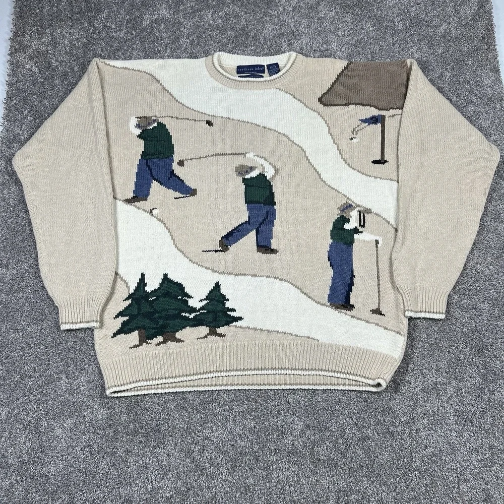 Vintage 80s 90s Northern Isles Golf AOP Sweater Hand Loomed Cotton Size Men's XL